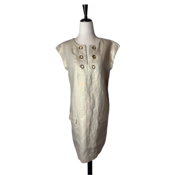 J Crew Dress Women 2 Beige Metallic Gold Linen Shift Mini Lagenlook Preppy - Picture 2 of 13